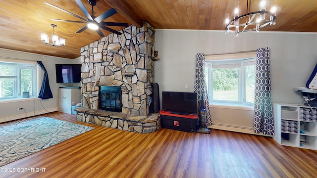 living room featuring ceiling fan with notable chandelier, a baseboard heating unit, wood finished floors, baseboard heating, and wood ceiling