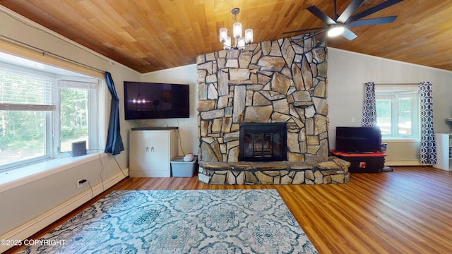 living room with wood ceiling, vaulted ceiling, baseboards, and ceiling fan with notable chandelier
