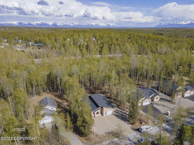view from above of property featuring a forest and a mountain backdrop