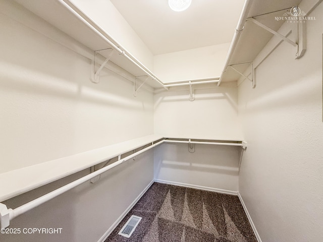 walk in closet featuring dark colored carpet
