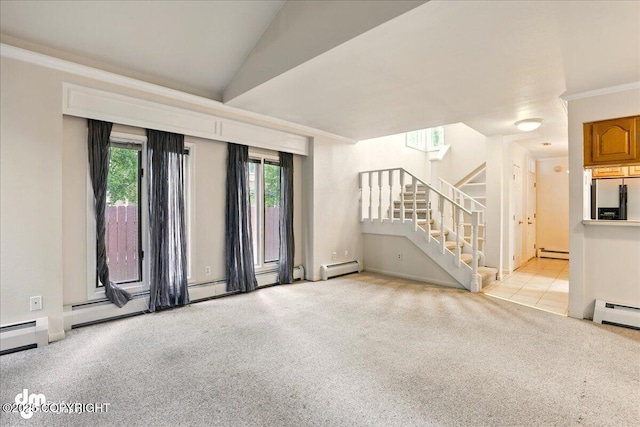 6508 Cimarron Cir, Anchorage, AK 99504 - unfurnished living room featuring light colored carpet, stairway, baseboard heating, and a baseboard heating unit