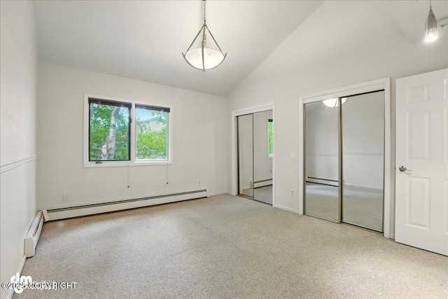 6508 Cimarron Cir, Anchorage, AK 99504 - unfurnished bedroom with two closets, a baseboard heating unit, carpet flooring, a baseboard radiator, and high vaulted ceiling