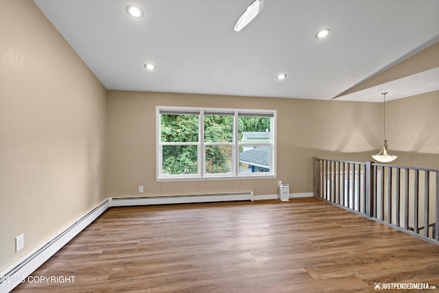 3520 Glenn-Don Cir, Anchorage, AK 99504 - empty room with a baseboard radiator, recessed lighting, wood finished floors, and lofted ceiling