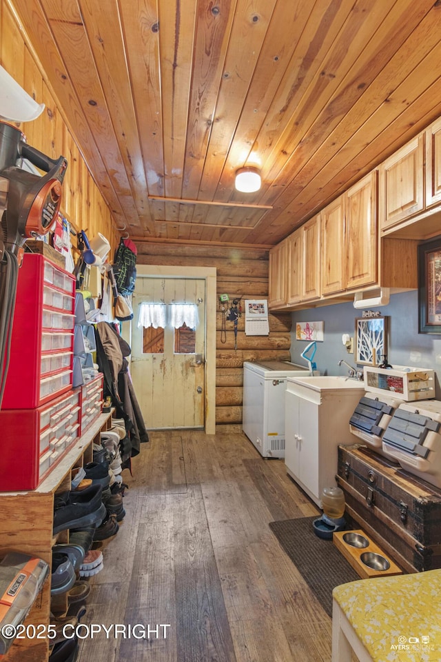 265 Ames Rd, Kenai, AK 99611 - laundry room with wooden ceiling, wood-type flooring, washer and dryer, and log walls