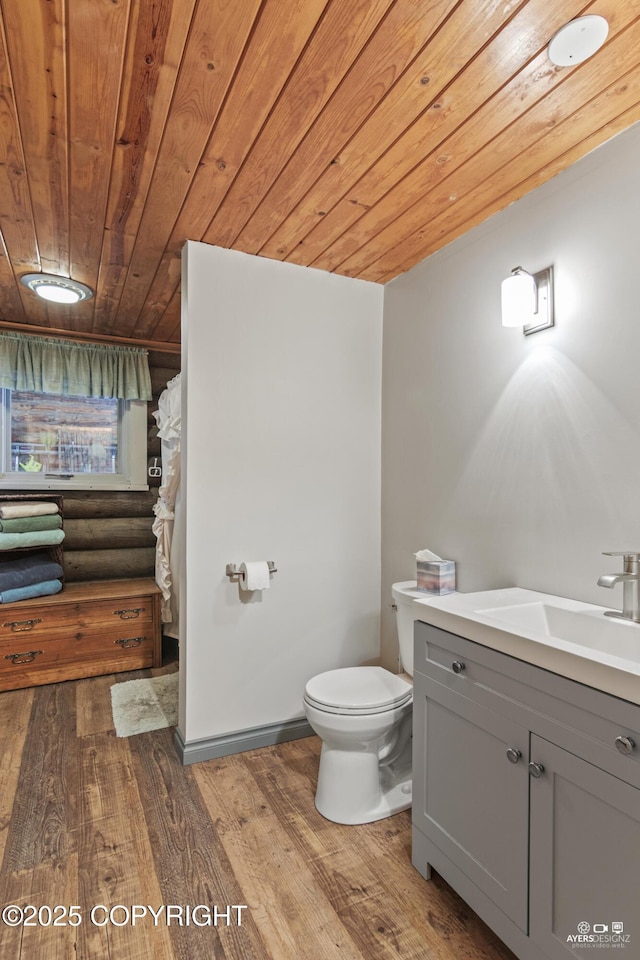 265 Ames Rd, Kenai, AK 99611 - bathroom featuring wooden ceiling, wood finished floors, toilet, and vanity