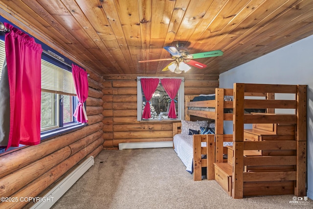 265 Ames Rd, Kenai, AK 99611 - unfurnished bedroom with rustic walls, a baseboard radiator, wood ceiling, carpet, and baseboard heating