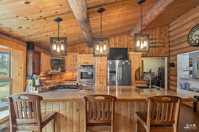 265 Ames Rd, Kenai, AK 99611 - kitchen with appliances with stainless steel finishes, wooden ceiling, a sink, rustic walls, and wood finished floors