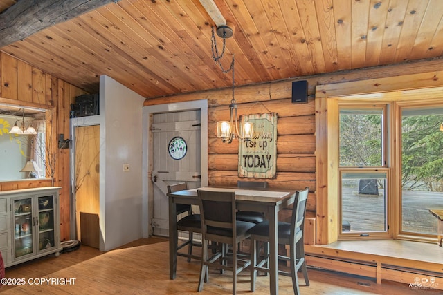 265 Ames Rd, Kenai, AK 99611 - dining space featuring vaulted ceiling, wooden ceiling, log walls, a chandelier, and wood finished floors