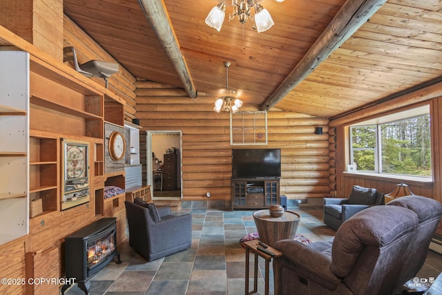 265 Ames Rd, Kenai, AK 99611 - living room with wood ceiling, a wood stove, ceiling fan, log walls, and stone finish floors