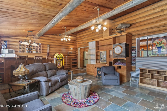 265 Ames Rd, Kenai, AK 99611 - living room featuring wood ceiling, rustic walls, a fireplace, a ceiling fan, and beamed ceiling