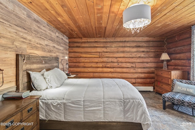 265 Ames Rd, Kenai, AK 99611 - bedroom with wooden ceiling, log walls, and a chandelier