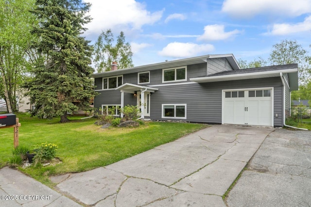 3921 Patricia Ln, Anchorage, AK 99504 - bi-level home with a garage, a chimney, a front yard, and asphalt driveway