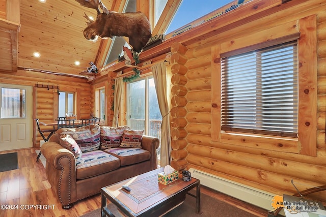 19180 Beverly Ave, Chugiak, AK 99567 - living area featuring log walls, a baseboard radiator, wood finished floors, recessed lighting, and wood ceiling