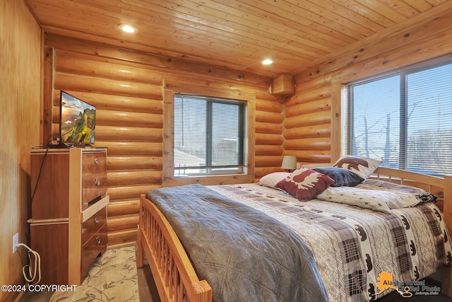 19180 Beverly Ave, Chugiak, AK 99567 - bedroom with recessed lighting, multiple windows, log walls, and wood ceiling