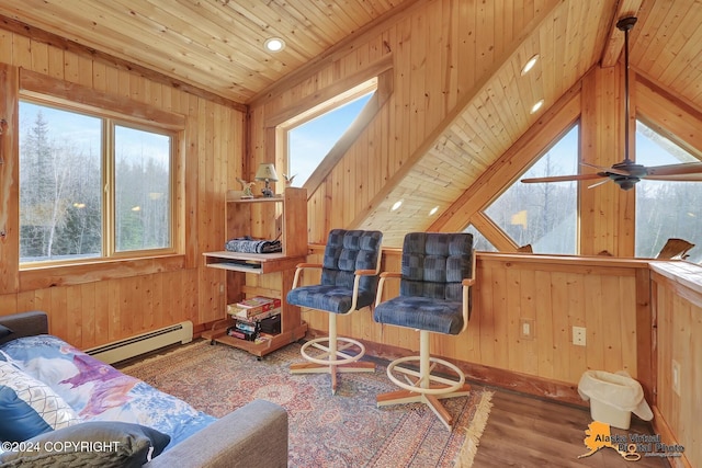 19180 Beverly Ave, Chugiak, AK 99567 - living area with baseboard heating, wood finished floors, wood walls, wooden ceiling, and lofted ceiling