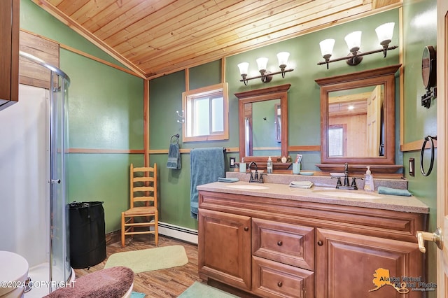 19180 Beverly Ave, Chugiak, AK 99567 - bathroom with wooden ceiling, lofted ceiling, double vanity, a stall shower, and a baseboard heating unit