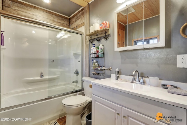 19180 Beverly Ave, Chugiak, AK 99567 - bathroom featuring vanity, bath / shower combo with glass door, and wood ceiling