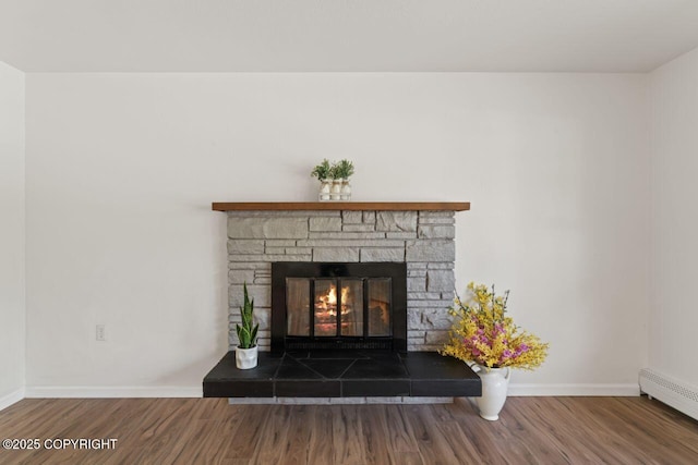 906 Lancaster Dr, Anchorage, AK 99503 - detailed view of baseboard heating, wood finished floors, baseboards, and a fireplace