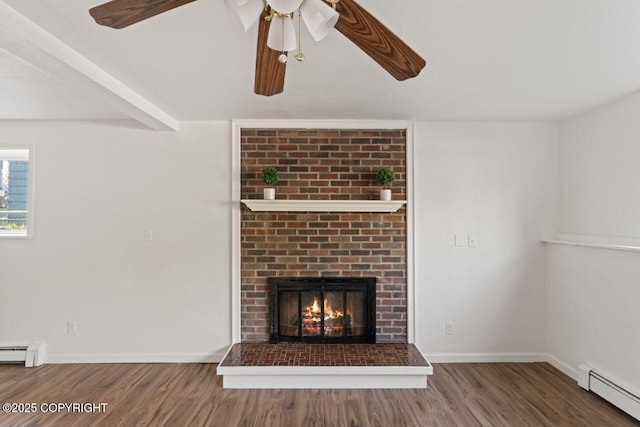 906 Lancaster Dr, Anchorage, AK 99503 - unfurnished living room with baseboard heating, a brick fireplace, wood finished floors, and a ceiling fan