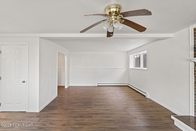 906 Lancaster Dr, Anchorage, AK 99503 - unfurnished living room with ceiling fan, wood finished floors, baseboard heating, baseboards, and beam ceiling