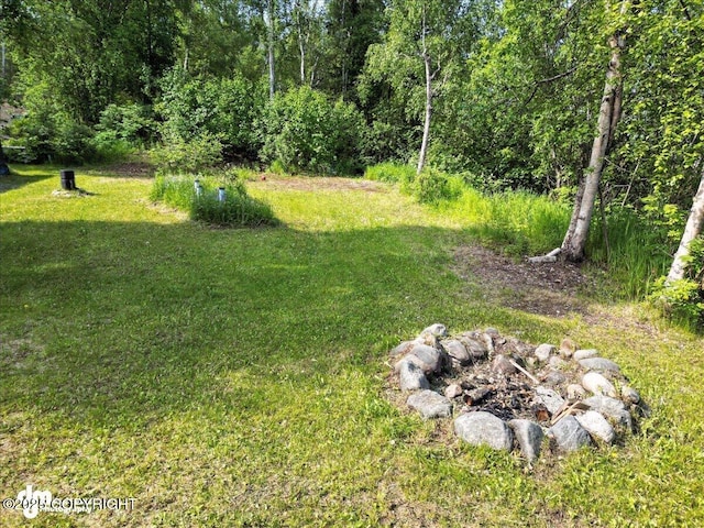 22032 Spring Creek Ln, Chugiak, AK 99567 - view of green lawn featuring an outdoor fire pit and a forest view