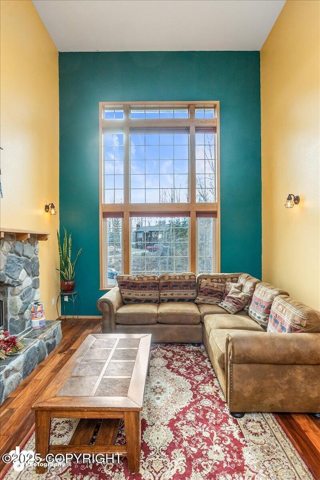 living room featuring wood finished floors and a stone fireplace