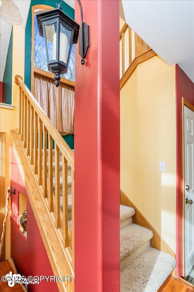 stairs featuring wood finished floors