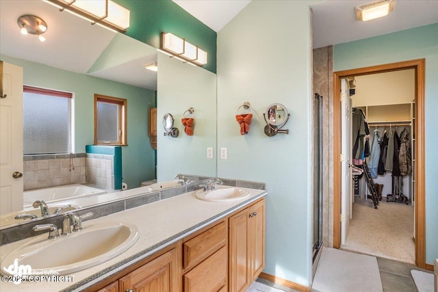 full bathroom with a sink, double vanity, a walk in closet, and a shower stall