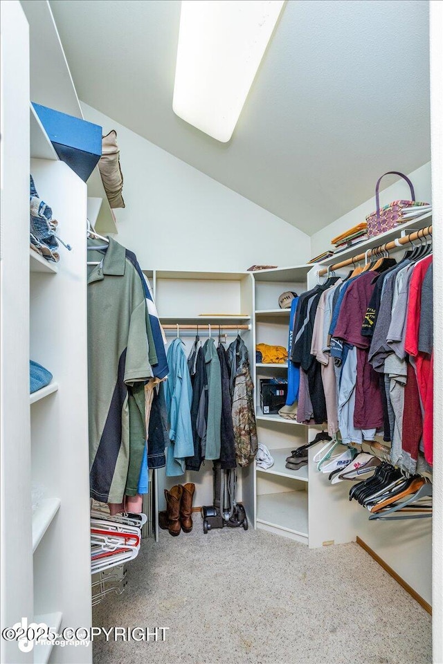 spacious closet with vaulted ceiling and carpet flooring