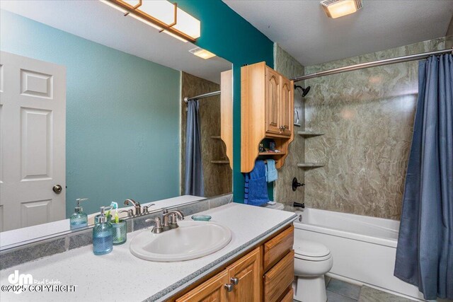 bathroom with tile patterned floors, toilet, shower / tub combo with curtain, and vanity