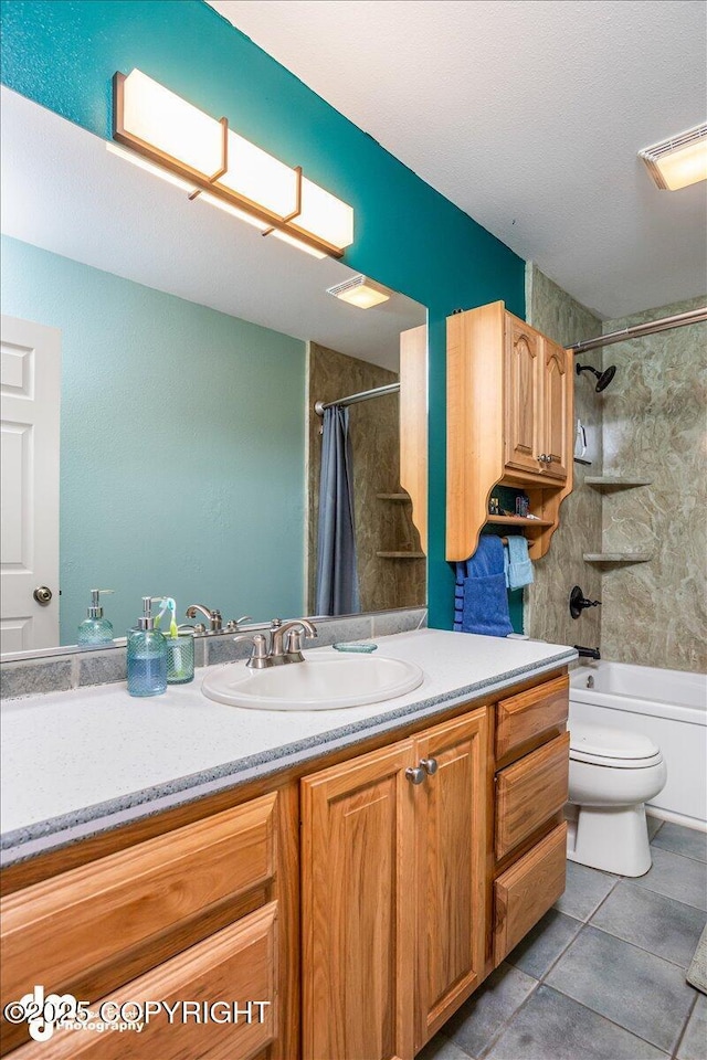 full bathroom with toilet, tile patterned flooring, vanity, and shower / tub combo
