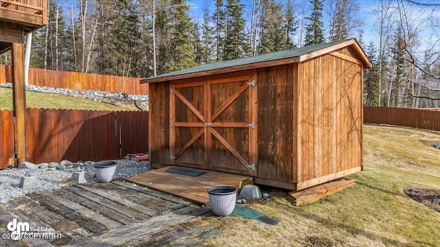 view of shed featuring a fenced backyard