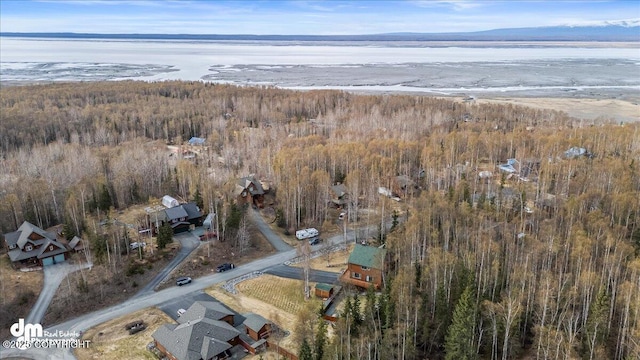 drone / aerial view with a water view and a wooded view
