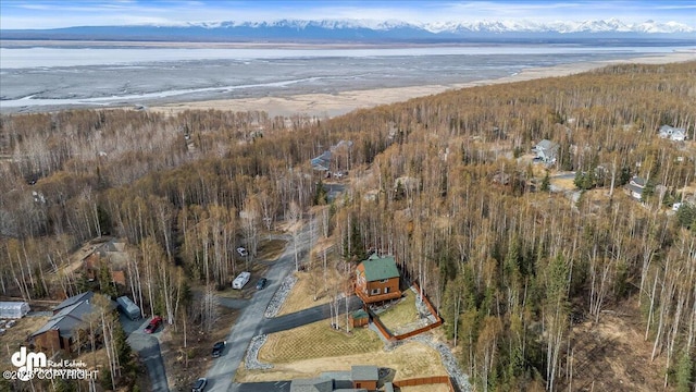 birds eye view of property featuring a water and mountain view and a wooded view
