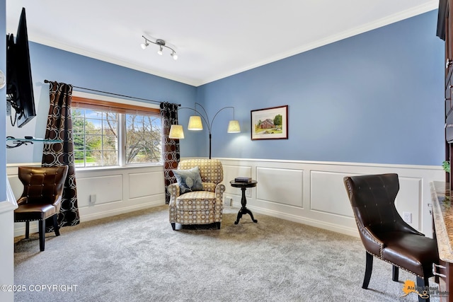 office space featuring carpet floors, crown molding, a decorative wall, and a wainscoted wall
