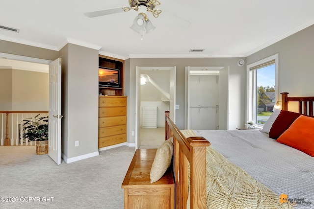 bedroom featuring light colored carpet, ornamental molding, baseboards, and a ceiling fan