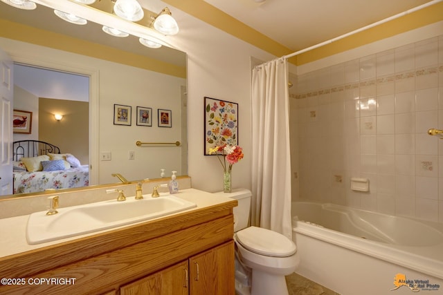 bathroom featuring ensuite bath, toilet, shower / tub combo, and vanity