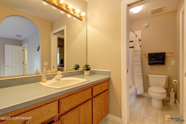 full bathroom featuring vanity, toilet, shower / tub combo with curtain, and tile patterned flooring
