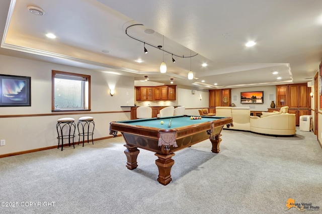 game room with a raised ceiling, light carpet, billiards, baseboards, and recessed lighting