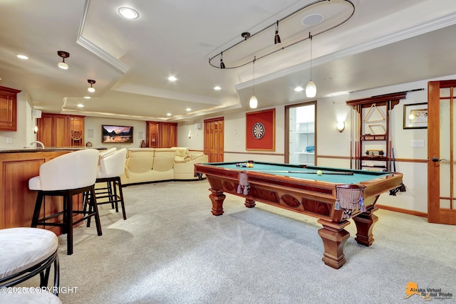 game room with light colored carpet, billiards table, a raised ceiling, and recessed lighting