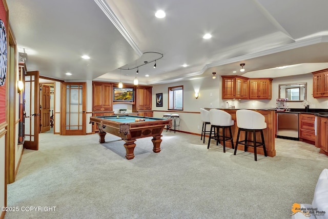 game room featuring crown molding, pool table, recessed lighting, light colored carpet, and baseboards