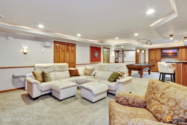 living room with light colored carpet, billiards table, a raised ceiling, recessed lighting, and crown molding