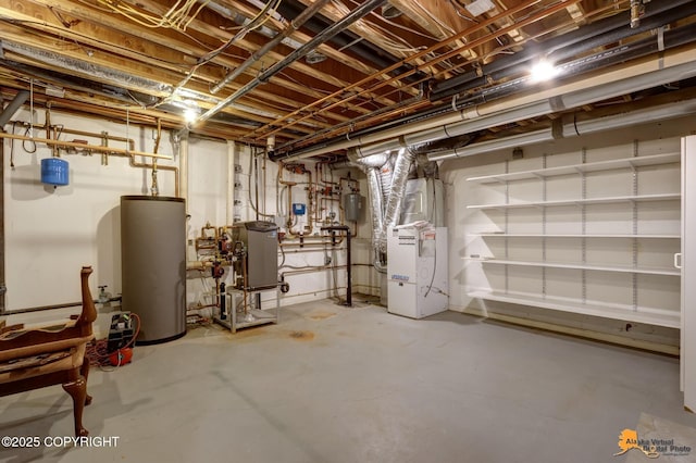 unfinished basement featuring water heater and heating unit
