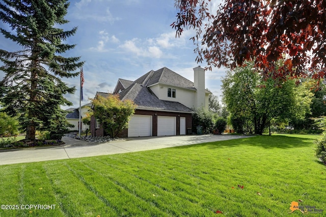 view of property exterior with a yard, a garage, concrete driveway, and a chimney