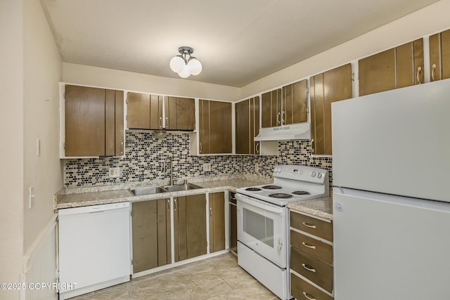 8516 Boundary Ave # E3, Anchorage, AK 99504 - kitchen featuring white appliances, under cabinet range hood, a sink, light countertops, and decorative backsplash