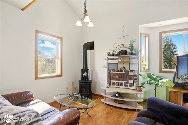 living area featuring wood finished floors, a wood stove, and vaulted ceiling