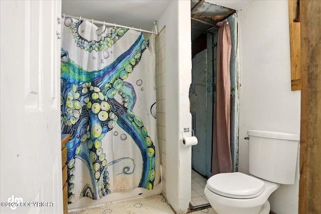 bathroom with toilet and a shower with curtain