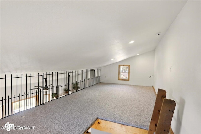 bonus room featuring lofted ceiling, carpet, and recessed lighting