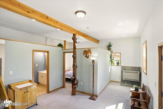 bedroom featuring light colored carpet, beamed ceiling, heating unit, baseboards, and recessed lighting