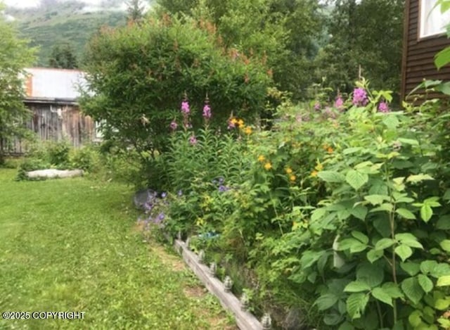 view of grassy yard featuring a vegetable garden